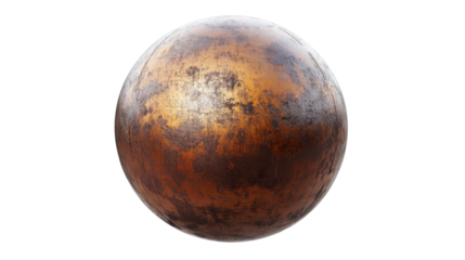 Rusty metallic sphere rotating on transparent background