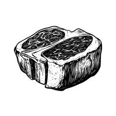 Detailed engraved illustration of a raw beef steak with marbled texture and distinct cuts
