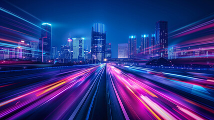 Fototapeta premium A futuristic cityscape at night, where neon lights shine brightly and reflect off sleek glass buildings. Flying cars zoom through the glowing skyline, adding a dynamic and high-tech vibe to the scene.