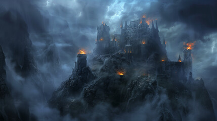 Obraz premium A fantasy castle perched on a mountain peak, surrounded by swirling mist that adds an air of mystery and enchantment. The ancient stone walls of the castle stand strong, their texture detailed and wea