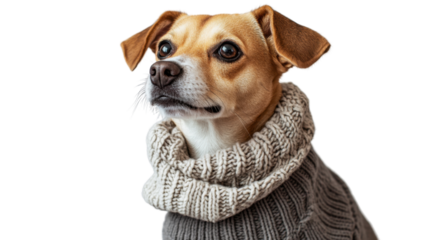 Cute dog wearing winter clothes posing on transparent background