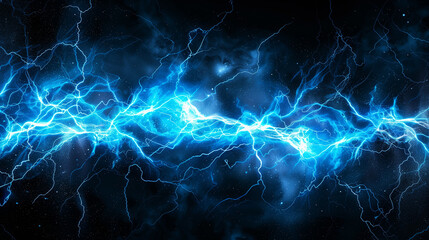 An explosion of blue electricity erupting against a black background, with dynamic, electric tendrils of light bursting outwards in a violent yet mesmerizing display. The vibrant blue energy crackles 