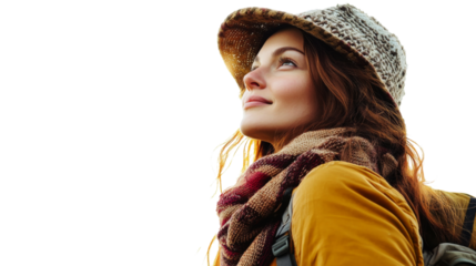 Hiker looking up to the sky with transparent background