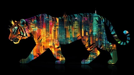 Fototapeta premium Tiger silhouette with city lights, walking, night scene