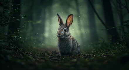 Enchanting Forest Encounter: A Portrait of a Wild Rabbit Amidst Verdant Haze