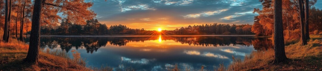 Fototapeta premium Stunning Autumn Sunset Over Tranquil Lake with Trees Reflecting on Water. Generative AI