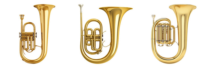 Fototapeta premium Detailed Study of Various Tubas in Brass Finish Isolated on transparent background