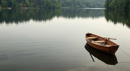 Obraz premium Wooden Boat on a Tranquil Lake with Reflections in Nature