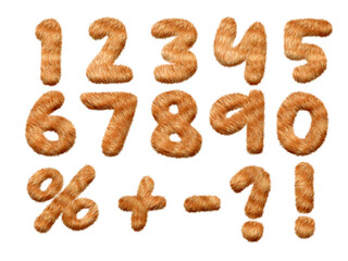 A unique set of 3D furry numbers and symbols designed with realistic orange cat fur texture, Ideal for creative typography, pet-related designs, and artistic projects.