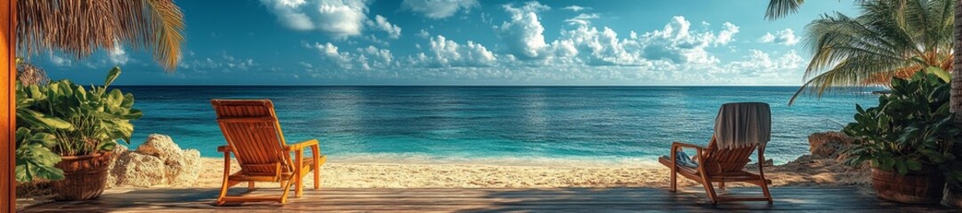 Obraz premium Tropical beach view with deck chairs overlooking the ocean perfect for a relaxing getaway. Generative AI