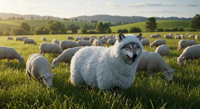 Wolf in sheep's clothing: Disguise among a flock of sheep in green meadow