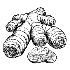Engraved illustration of ginger root and lemon slices showcasing their natural forms and textures