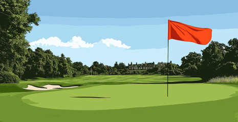 Obraz premium Stunning Golf Course Green with Red Flag, Sand Bunker, and Serene Landscape under a Clear Blue Sky Ideal for Outdoor Sports Enthusiasts and Nature Lovers