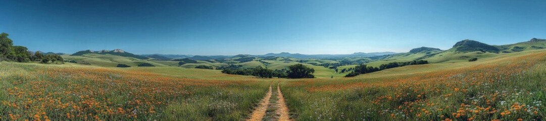 Obraz premium Rolling hills covered with flowers and a pathway under a clear blue sky. Generative AI