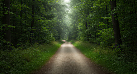 Obraz premium Misty Forest Pathway Surrounded by Green Trees and Nature in Tranquil Woodland Setting