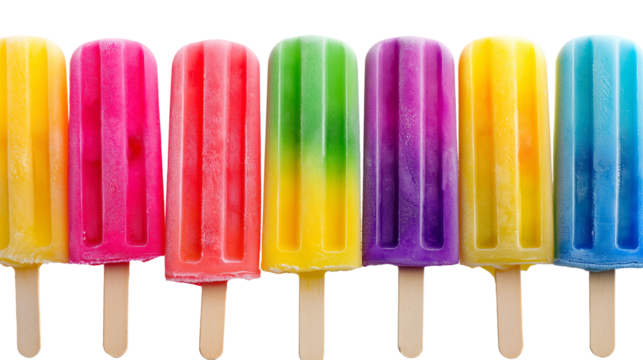 Colorful rainbow popsicles lined up, frozen summer treats, isolated on white background, PNG format