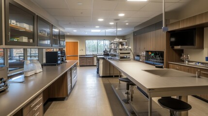 A modern laboratory space featuring sleek surfaces and organized equipment for scientific research.
