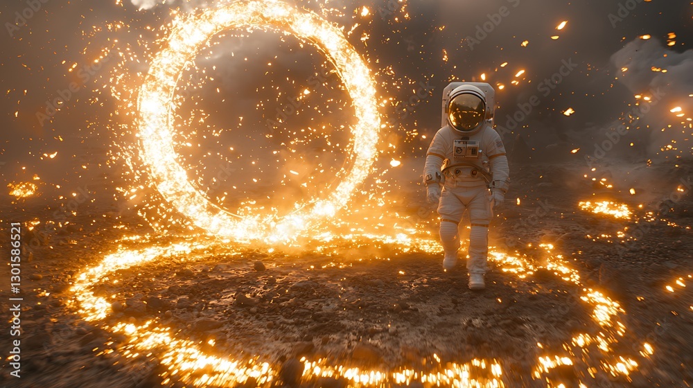Poster astronaut exiting fiery portal on alien planet with dramatic sky and scorched ground