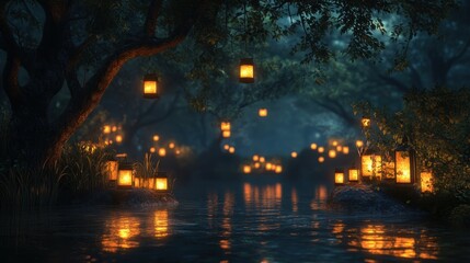 A serene night scene with glowing lights and candles, creating a tranquil atmosphere.