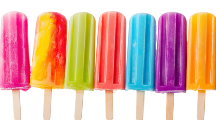 Colorful rainbow popsicles lined up, frozen summer treats, isolated on white background, PNG format