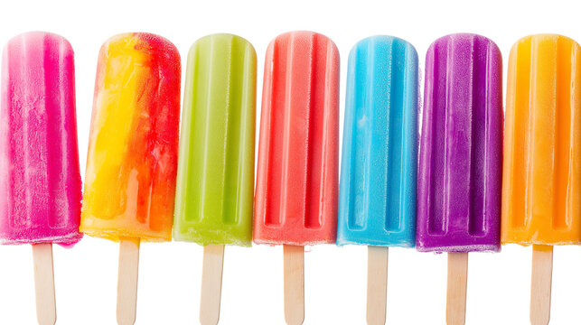 Colorful rainbow popsicles lined up, frozen summer treats, isolated on white background, PNG format