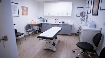 A sterile, modern medical room with a central examination table and advanced equipment.