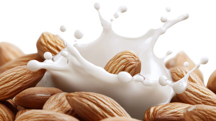 Almond milk splashing on almonds with transparent background