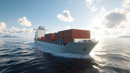 Cargo ship sailing on ocean with clouds and mountains in the background.  Possible use stock photo