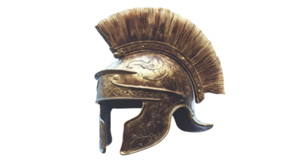 Golden roman helmet with plume on transparent background