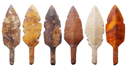 Six neolithic arrowheads showing variations in workmanship on transparent background
