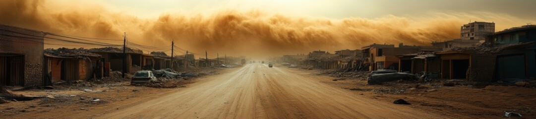 Massive Dust Cloud Engulfing a Deserted City Street with Collapsed Buildings. Generative AI
