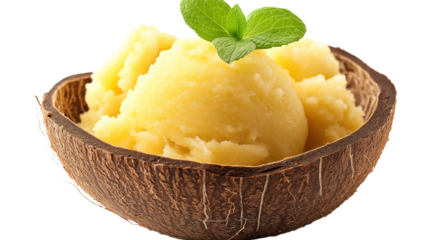 Homemade pineapple sorbet in a coconut shell, exotic summer dessert, isolated on white background, PNG format 