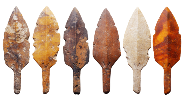 Six neolithic arrowheads showing variations in workmanship on transparent background