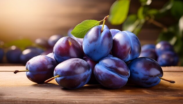 Blue plums on wooden table, harvested prune fruits in a pile