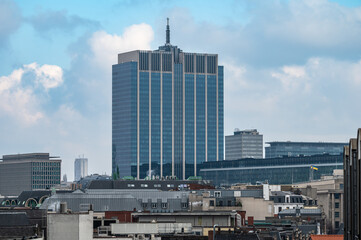 Naklejka premium High angle view over historical rooftops and monuments in Brussels old town, Belgium, 28 FEB 2025