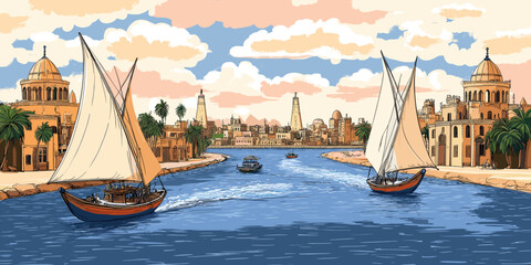 Majestic River with Sailboats and Historic Architecture, Illustrative Style, Palm Trees, Vibrant Blue Water, Dome Buildings, Scenic Cityscape, Serene Atmosphere