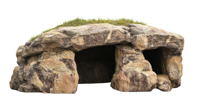 Prehistoric cave entrance covered with grass on transparent background