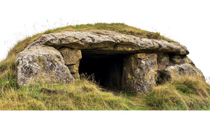 Ancient burial mound tomb entrance emerging from grassy hillside with transparent background