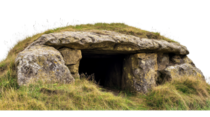 Ancient burial mound tomb entrance emerging from grassy hillside with transparent background