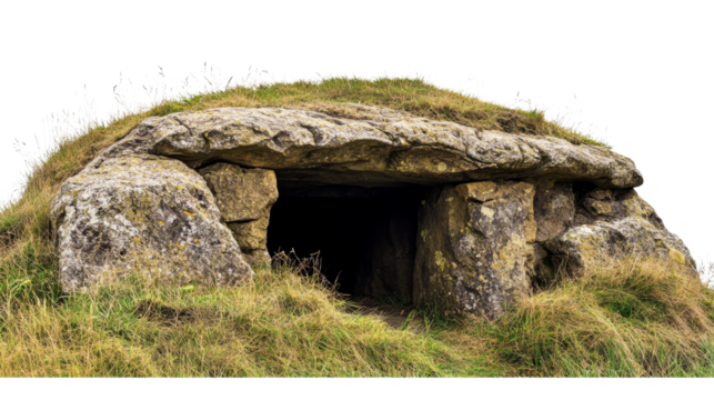 Ancient burial mound tomb entrance emerging from grassy hillside with transparent background