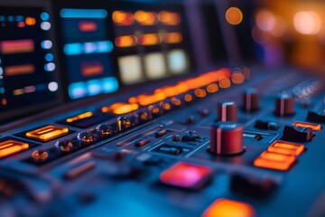 Naklejka premium Studio Control Panel Buttons and Switcher - Close-up view of a broadcast studio control panel, featuring illuminated buttons, knobs, and displays. The symbolizes technology, broadcasting