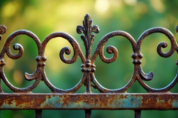 Rusty ornate iron fence with swirls and decorative details against blurred green background
