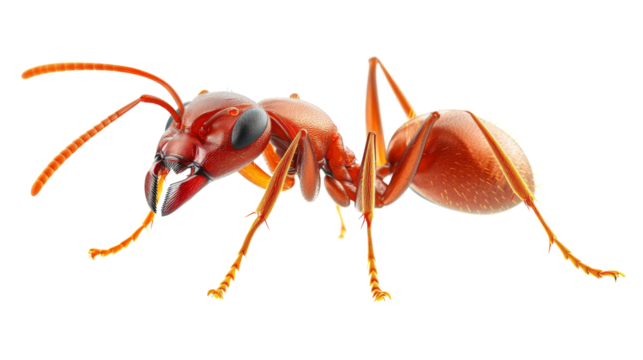 Red ant walking on transparent background showing its powerful mandibles