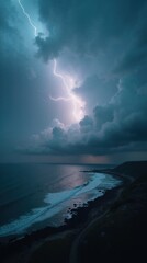 Striking Thunderstorm Panorama: Dramatic Coastal Landscape with Lightning and Dark Clouds