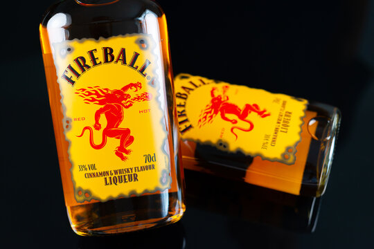 LONDON, UK - 20 AUGUST 2024 Fireball Cinnamon Whisky Liqueur is a Canadian liqueur that comes from blending smooth Canadian whisky with natural sweet, spicy cinnamon flavours