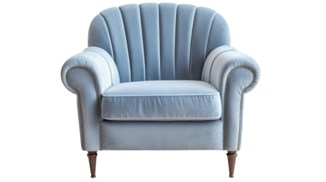 Light blue velvet scalloped armchair on transparent background