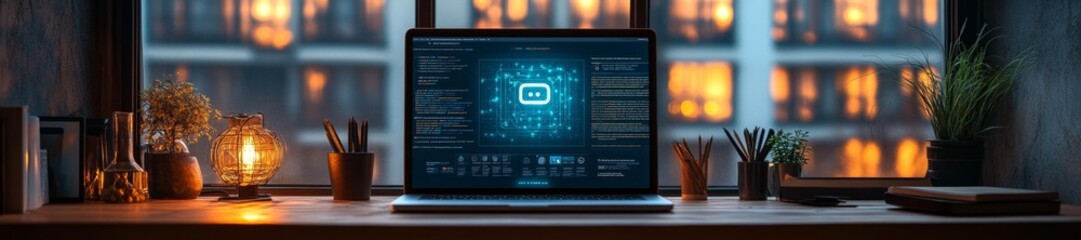 Modern Workspace with Laptop Showing AI Chatbot Interface. Generative AI