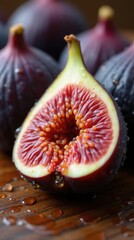 Close-Up of Fresh Fig Halves with Glistening Water Droplets, Showcasing Deep Purple Outer Skin and Intricate Interior Flesh with Tiny Golden Seeds