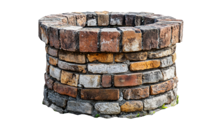 Old brick well preserving water in transparent background