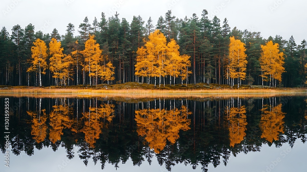 Poster autumn trees with yellow leaves reflect on serene lake water in forest setting